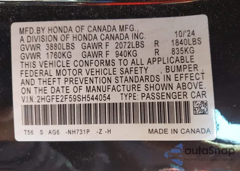 2025 Honda Civic Sport z USA, uszkodzony, nr VIN 2HGFE2F59SH544054